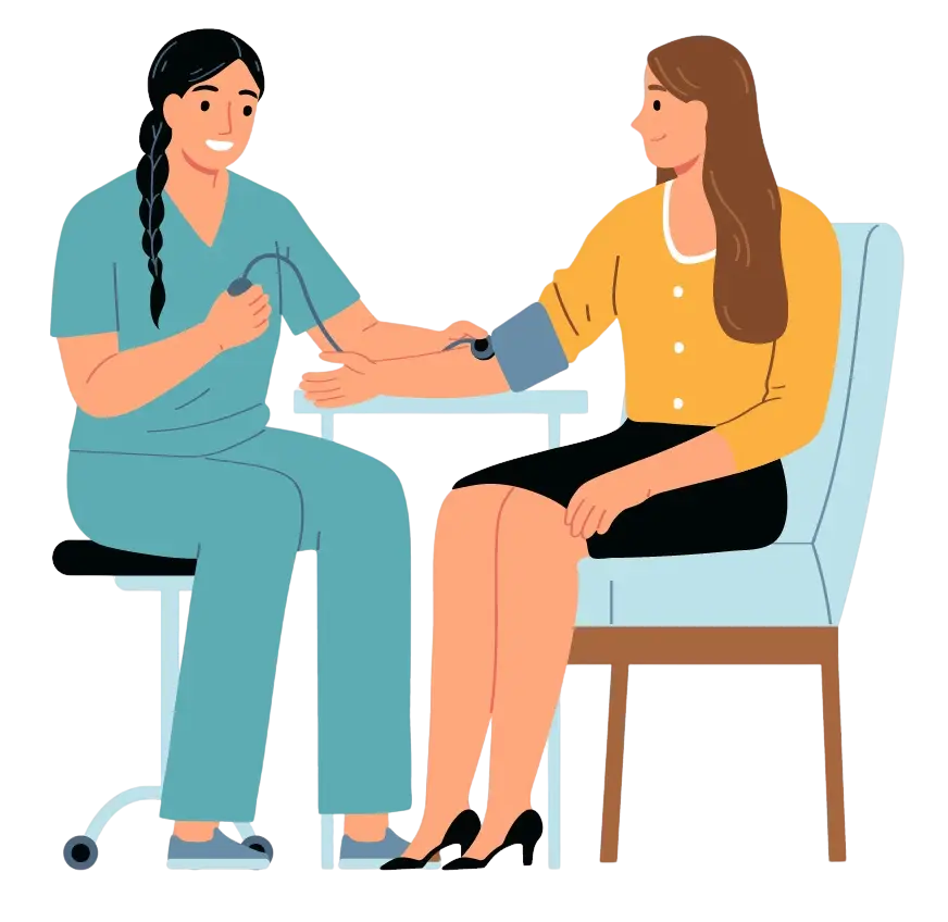 Illustration Pflegerin misst Blutdruck bei Patientin