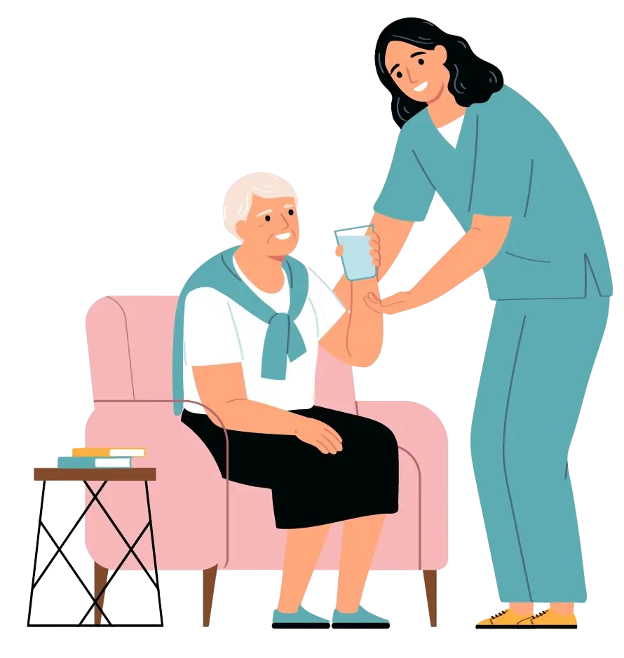 Illustration Pflegerin reicht der Patientin ein Glas Wasser