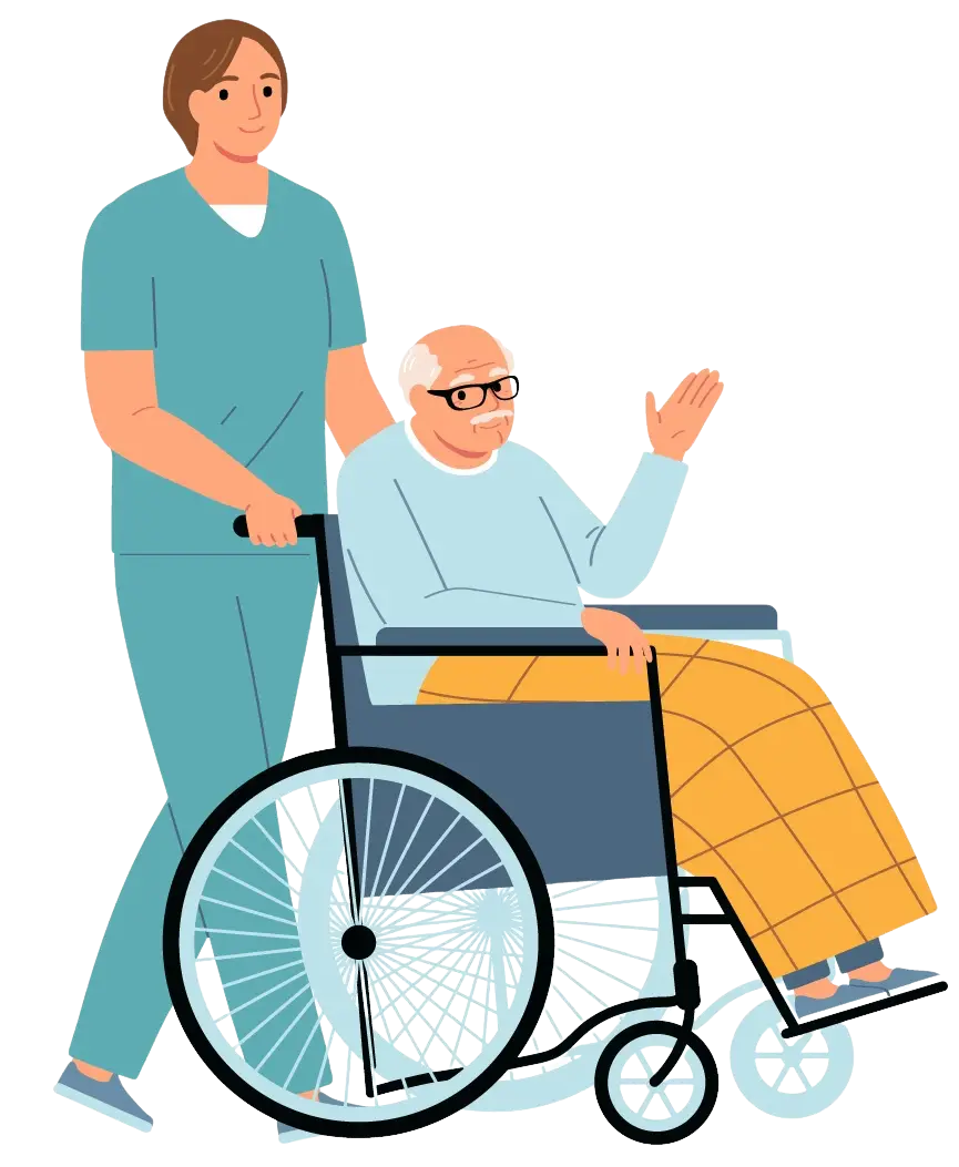 Illustration Pfleger schiebt Patienten im Rollstuhl